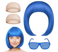 Aomig Peluca Azul Real, 4pcs Recta Corta Peluca de Anime Cosplay con Gafas y Redecilla Pelo, Pelucas Corto Bob con Flequillo de Sintética, Pelucas de Color Neón para Halloween Carnaval de Mujer y Niña