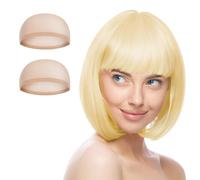 Aomig Peluca Oro Blanco, 3pcs Recta Corta Peluca de Anime Cosplay con Redecilla Pelo, Pelucas Corto Bob con Flequillo de Sintética, Pelucas de Color Neón para Halloween Carnaval de Mujer y Niñas