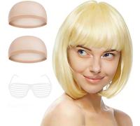 Aomig Peluca Platino, 4pcs Recta Corta Peluca de Anime Cosplay con Gafas y Redecilla Pelo, Pelucas Corto Bob con Flequillo de Sintética, Pelucas de Color Neón para Halloween Carnaval de Mujer y Niñas