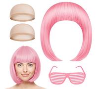 AOMIG Peluca Rosa, 4pcs Recta Corta Peluca de Anime Cosplay con Gafas y Redecilla Pelo, Pelucas Corto Bob con Flequillo de Sintética, Pelucas de Color Neón para Halloween Carnaval de Mujer y Niñas