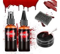 Aomig Sangre Falsa Halloween, 2pcsX60ml+30g Fake Blood Lavable y Realista con Esponja, Sangre Artificial, Pintura Sangre Halloween para Zombie Vampiro Herida Maquillaje