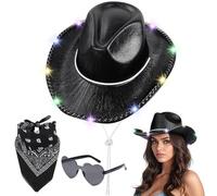 Aomig Sombrero de Cowboy, 3Pcs Sombrero Vaquero Hombre con Bandana y Gafas de Amor, Cowboy Hat LED Hombre Mujer, Western Cowgirl Hat para Banda Country Playa Natural Mejicano