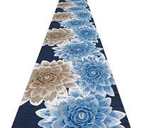 AOMRUN Alfombras De Pasillo Largo Entrada Felpudos Moqueta Corredor Alfombra de Granja Antideslizante Resistente a Las Manchas con diseño de Flores Azules, Personalizable
