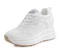 AONEGOLD Zapatillas de plataforma con tacón alto oculto para mujer, parte superior de cuero con cuña, cordones de moda, aumento de 3.94 pulgadas, Blanco, 5.5