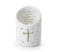 Aoneky Portavelas para Velas de Té - Candelero de Columna de Cerámica Blanca, con Diseño de Cuz Cristiana y Versículos de la Biblia, Portavelas Decorativas Religiosa para Hogar Mesa Navidad Pascua