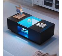 AONETIGER Mesa de centro blanca 100 x 50 x 35,5 cm, con revestimiento de cristal, iluminación LED, control de aplicación, 2 cajones y 1 compartimento abierto (Black + Particle Board-1)