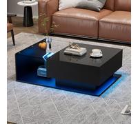 AONETIGER Mesa de centro blanca de 100 x 50 x 35,5 cm, con revestimiento de cristal, iluminación LED, control de aplicación, 2 cajones y 1 compartimento abierto (Black + Particle Board)
