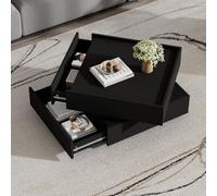 AONETIGER Mesa de centro cuadrada de alto brillo blanco con placa giratoria, estilo tecno moderno con luz LED de 16 colores, 70 x 70 x 36 cm (negro + tablero de partículas)