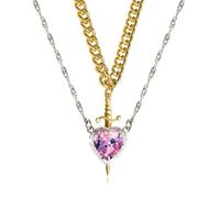 AOOOWER Collar con colgante de corazón de cristal y espadas de circonita para mujeres y hombres, cadena ajustable chapada en plata/oro, 455cm, aleación, No es una piedra preciosa
