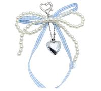 AOOOWER Elegante llavero con colgante de lazo de perlas y corazón para mujeres y niñas, 14.5cm, Perla de imitación, metal y cinta, No es una piedra preciosa