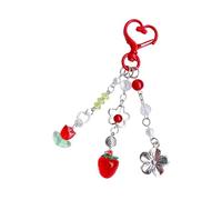 AOOOWER Llavero hecho a mano con cuentas de cerezas y pajarita, colgante hecho a mano, decoración de bolsa para mujer, 14.1CM, Cinta, aleación, perla de imitación, acrílico, No es una piedra preciosa