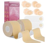 AOOSA 2x5M Boob Tape, 8 pzs Pezoneras Adhesivas Invisibles y Silicona Reutilizables,Cinta de Pecho para Pezones,Cinta de Levantamiento de Senos para el Pecho en Tallas de Copa A-E
