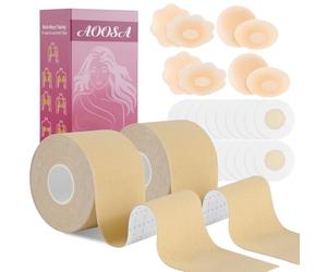 AOOSA 2x5M Boob Tape, 8 pzs Pezoneras Adhesivas Invisibles y Silicona Reutilizables,Cinta de Pecho para Pezones,Cinta de Levantamiento de Senos para el Pecho en Tallas de Copa A-E