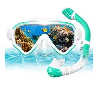 AOOSA Mascara Buceo+Tubo de Snorkel Set para Niños, Vidrio Templado Antivaho Gafas de Buceo, Panorámicas Antifugas con Vista Amplia Kit de Snorkel para Natación y Viajes (Verde)