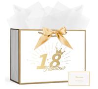 AOOSU Bolsa para Regalo Cumpleaños, 28x20x10cm Bolsas de Regalo de Papel con 1 Cinta 1 Tarjetas de Felicitación 3 Papel de Seda, Bolsas de Regalo con Asa para Cumpleaños, Fiestas(Platino 18 Años)