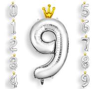 AOOSU Globo Número 9, Plata Cumpleaños Numbers Globo con Corona 101 cm Grande Foil Globos 40 Inch Helio Globos para Decoraciones de Fiestas Cumpleaños, Aniversario de Graduación (9, Plata)