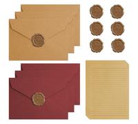 AOOSU Juego de Sobres Papel Vintage, 10 PCS Kraft Papel Carta Rayado A5, 6 Bonitos Sobres y 6 Sello Lacre, Papels y Sobre de Papelería Vintage Para Bodas Cumpleaños Fiestas Invitacione-Marrón Rojizo