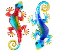 AOOSU Metal de Gecko, 2PCS Arte de pared de metal Gecko, Escultura Pared Gecko de Metal para Balcón Patio Porche Dormitorio Jardín Colgantes de Cerca Césped Patio Escultura(Rojo + Azul Oscuro)