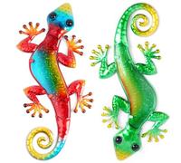 AOOSU Metal de Gecko, 2PCS Arte de pared de metal Gecko, Escultura Pared Gecko de Metal para Balcón Patio Porche Dormitorio Jardín Colgantes de Cerca Césped Patio Escultura(Rojo+Verde)