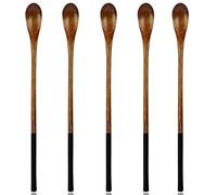 AOOSY Cucharas de Mango Largo de Madera - Juego de 5 Piezas para Mezclar Café, Té Helado y Bebidas Calientes (Marrón Oscuro)