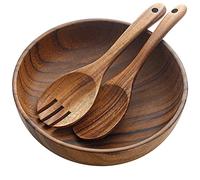 AOOSY Juego de ensaladera y ensaladera de madera de acacia, cuenco de madera de 9.3 pulgadas, juego de cucharas de madera, para servir ensalada, tenedor y cuchara de cocina, utensilios de cocina
