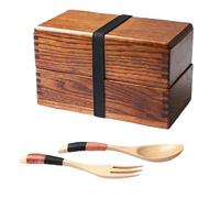 AOOSY Lunch Box Bento Box Fiambrera Japonesa tradicional de madera natural caja de almuerzo doble alimentos frutas Sushi Sandwich Container escuela de viaje para Camping (con tenedor cuchara Kit)