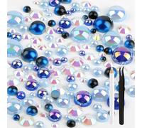 AOOTE 50g Mezcla Flatback Rhinestones Mitad Perlas,Flatback Pearls Charms para Uñas con Pinzas y Bolígrafo Puntillista,Nail Art Rhinestones Flatback Pearls Charms,Tamaño 3 mm-10 mm,Azul