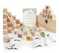 AOOTE Bloques de Decoración para Actividades,Juego de 75 Letreros,Mini Natural Cubos de Madera con 52 Bloques de Madera,24 Bolígrafos,1 Cartel y una Caja,Niño y Niña