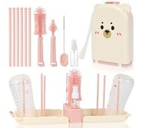 AOOTE Kit Completo de Limpieza de biberones, Set Cepillo Limpia Biberones Viaje de Ranuras de Secado Vertical,12 en 1 Set de cepillos para biberones con 3 Cepillos & Dispensado rde jabón(Rosa)