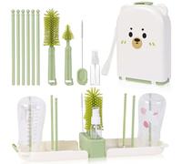 AOOTE Kit Completo de Limpieza de biberones, Set Cepillo Limpia Biberones Viaje de Ranuras de Secado Vertical,12 en 1 Set de cepillos para biberones con 3 Cepillos & Dispensado rde jabón(Verde)