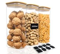 AOOTE Tarros De Bote Cristal Con Tapa,3 Pcs 1000ml Tarros de Vidrio Cocina Almacenaje con 1 pegatinas,Aptos para Lavavajillas,Botes Hermeticos Cristal para Especias,Té,Cereales,Nuez,Harina