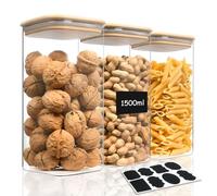 AOOTE Tarros De Bote Cristal Con Tapa,3 Pcs 1500ml Tarros de Vidrio Cocina Almacenaje con 1 pegatinas,Aptos para Lavavajillas,Botes Hermeticos Cristal para Especias,Té,Cereales,Nuez,Harina