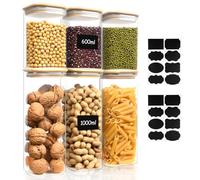 AOOTE Tarros De Bote Cristal Con Tapa,6 Pcs 1000ml/600ml Tarros de Vidrio Cocina Almacenaje con 2 pegatinas,Aptos para Lavavajillas,Botes Hermeticos Cristal para Especias,Té,Cereales,Nuez,Harina