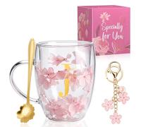 AOOTE Tazas de café de Vidrio de Flores secas,350 ML Flores Secas Tazas de Café de Vidrio de Doble Pared,Taza de Vidrio Doble Pared, Incluye una Cuchara y un Llavero,para Amigas,Mestras Madres