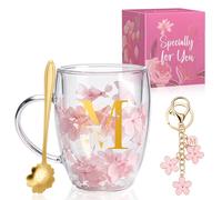 AOOTE Tazas de café de Vidrio de Flores secas,350 ML Flores Secas Tazas de Café de Vidrio de Doble Pared,Taza de Vidrio Doble Pared, Incluye una Cuchara y un Llavero,para Amigas,Mestras Madres