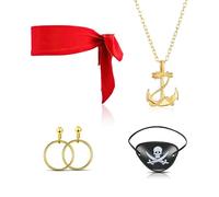 AOOTUERL Accesorios de pirata, juego de 4 accesorios de disfraz para cosplay, incluye bufanda de cabeza roja, parche de ojo y aretes, collar dorado, para hombres y mujeres, adultos