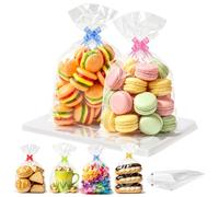 AOOWU 100 Piezas Bolsas Chuches Cumpleaños - 23x15 cm Bolsas de Regalo Transparentes Bolsas Chuches Cumpleaños con 100 Adornos de Cinta para Caramelos Chocolates Galletas Pan