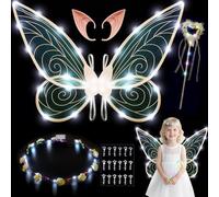 AOOWU Alas de Hadas LED Luminosas, 5pcs Alas de Mariposa Brillantes+Duende Guirnalda+Orejas de Elfo+Varita de Hada+Pegatinas,Alas Disfraz Niños y Mujeres para Halloween,Carnaval Fiesta,Cosplay(Blanco)
