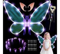 AOOWU Alas de Hadas LED Luminosas, 5pcs Alas de Mariposa Brillantes+Duende Guirnalda+Orejas de Elfo+Varita de Hada+Pegatinas,Alas Disfraz Niños y Mujeres para Halloween,Carnaval Fiesta,Cosplay(Morado)