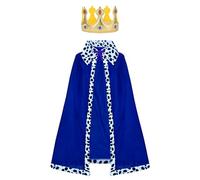 AOOWU Capa de Rey y Reina para Adultos, 2 Pcs Disfraz de Rey Medieval con Capa y Corona, 120cm Bata de Terciopelo Real, Disfraz de Medieval Coronación Hombres y Mujere para Halloween y Carnaval (Azul)