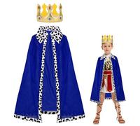 AOOWU Capa de Rey y Reina para Niños, 2 Piezas Disfraz de Rey Medieval con Capa y Corona, 80cm Bata de Terciopelo Real, Disfraz de Medieval Coronación Infantil para Halloween, Carnaval, Navidad (Azul)