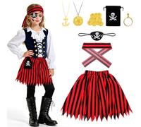 AOOWU Disfraz de Pirata de Fiesta para Niñas, 8 PCS Juego de rol Pirata con Falda a Rayas, Parche en el ojo, Collar, Pndiente y Pañuelo Cabeza, Disfraz Piratas Niña para Fiesta, Halloween y Carnaval
