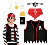 AOOWU Disfraz de Pirata de Fiesta para Niños, 8 PCS Juego de rol Pirata con Chaleco Pirata, Parche en el ojo, Collar, Pndiente y Pañuelo Cabeza, Disfraz Piratas Niño para Fiesta, Halloween y Carnaval