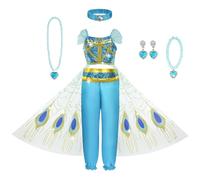AOOWU Disfraz de Princesa Jazmín para Niña, 7 PCS Set Vestido de Jasmine con Diademas, Collares y Princesa Jazmín Disfraz, Disfraz Halloween Cosplay Cumpleaños Carnaval Fiestas(110CM)