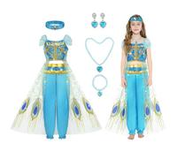AOOWU Disfraz de Princesa Jazmín para Niña, 7 PCS Set Vestido de Jasmine con Diademas, Collares y Princesa Jazmín Disfraz, Disfraz Halloween Cosplay Cumpleaños Carnaval Fiestas(120CM)