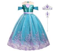 AOOWU Disfraz de sirena para niña, juego de 4 piezas, vestido de sirena con peluca, corona morada y cetro, disfraz infantil para carnaval, fiesta, Halloween, Navidad, cosplay (100 cm)