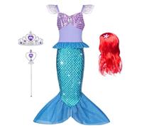 AOOWU Disfraz de Sirena para Niña, Juego de 4 piezas, Vestido de Sirena con Peluca, Corona Morada y Cetro, Disfraz Infantil para Carnaval, Fiesta, Halloween, Navidad, Cosplay (150 cm - Azul Púrpura)