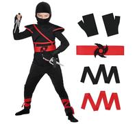 AOOWU Disfraz Ninja para Niño, 3Pcs Disfraz de Samurai Negro Rojizode Ninja con Capucha, Dagas y Guantes, Vestimenta para Halloween Fiesta, Cosplay, Carnaval y Cumpleaños (Talla S)