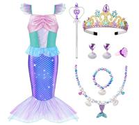 AOOWU Disfraz Sirena Niña, 7 PCS Sirenita Princesa de Dibujos Animados, Vestido Princesa con Cetro Collar Pendientes Accesorios, Halloween Cosplay Cumpleaños Carnaval Fiestas