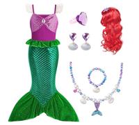 AOOWU Disfraz Sirena Princesa Niña de Dibujos Animados, Vestido Princesa con Peluca Collar Pendientes Accesorios, Disfraz Niña Halloween Cosplay Cumpleaños Carnaval Fiestas (120cm)